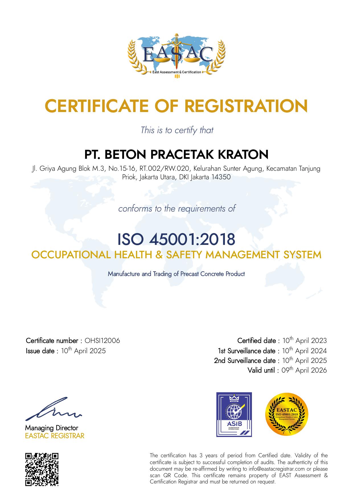 Sertifikat ISO 45001:2018 — Occupational Health & Safety Management System