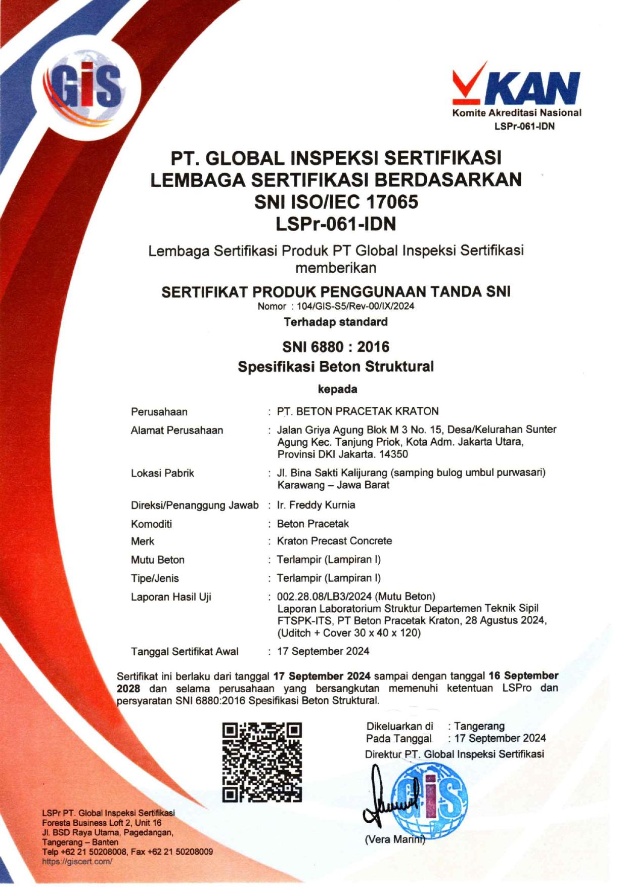 Sertifikat SNI 6880:2016 — Spesifikasi Beton Struktural