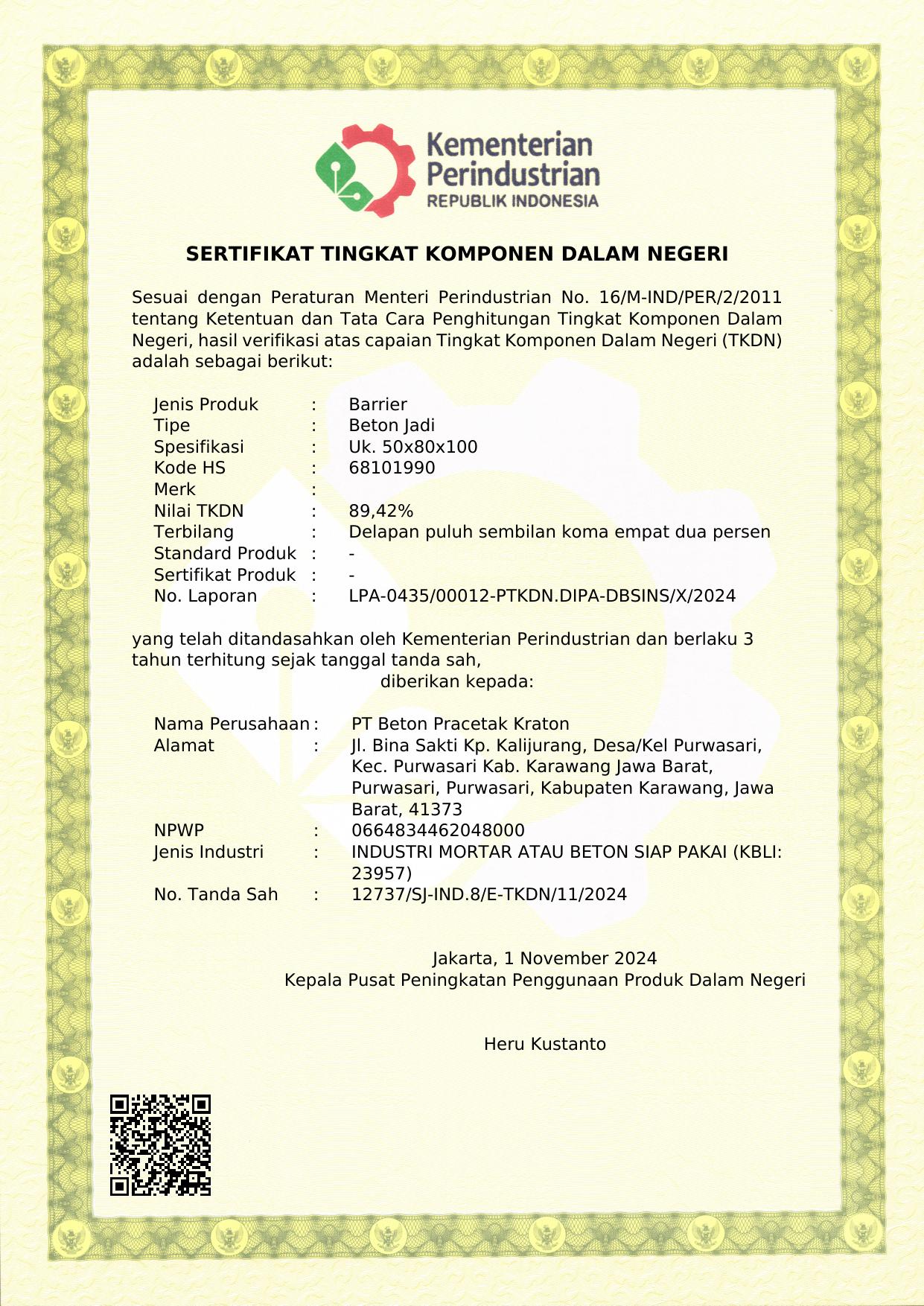 Sertifikat TKDN Barrier — 89,42%