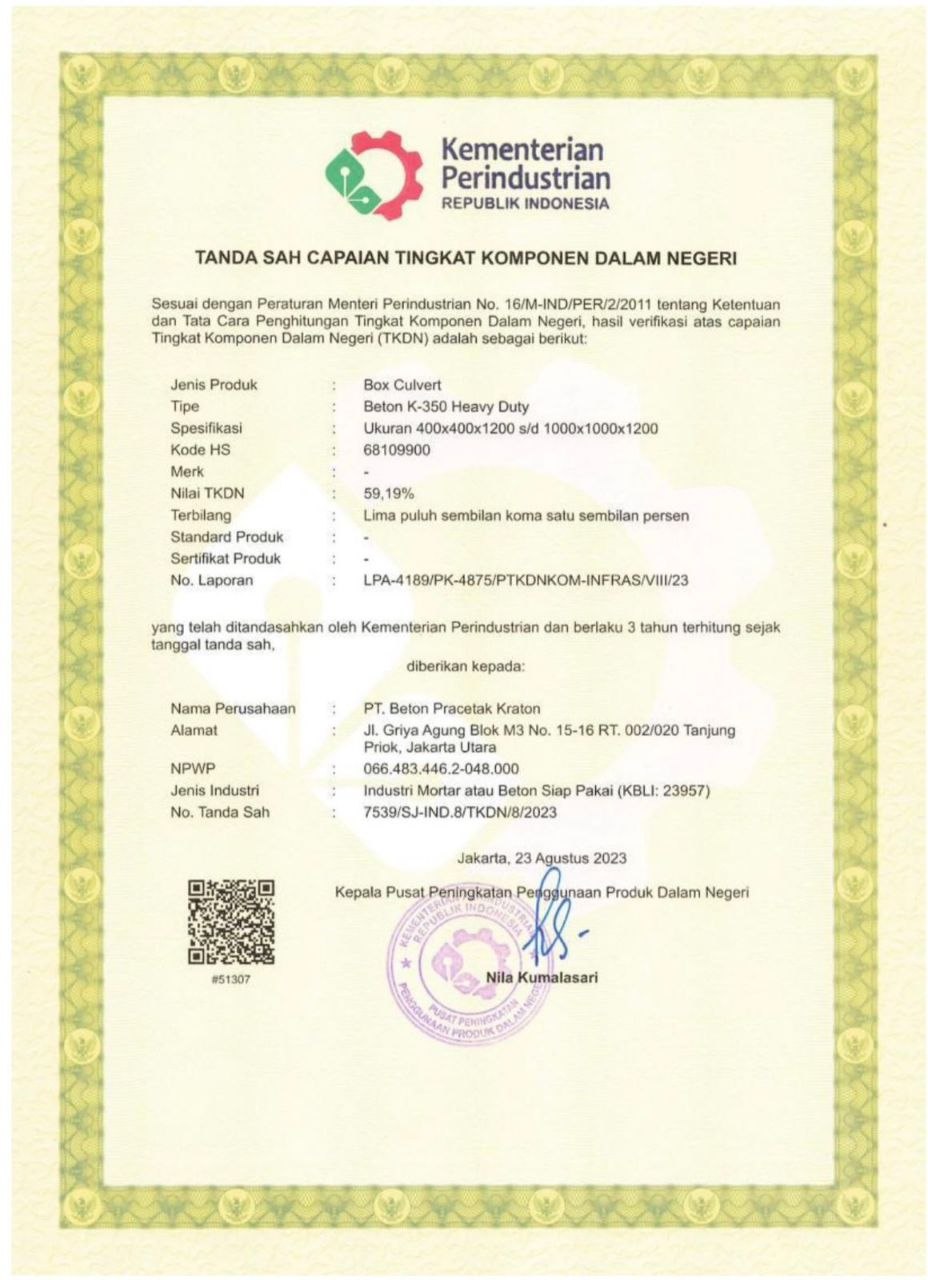 Sertifikat TKDN Box Culvert — 59,19%