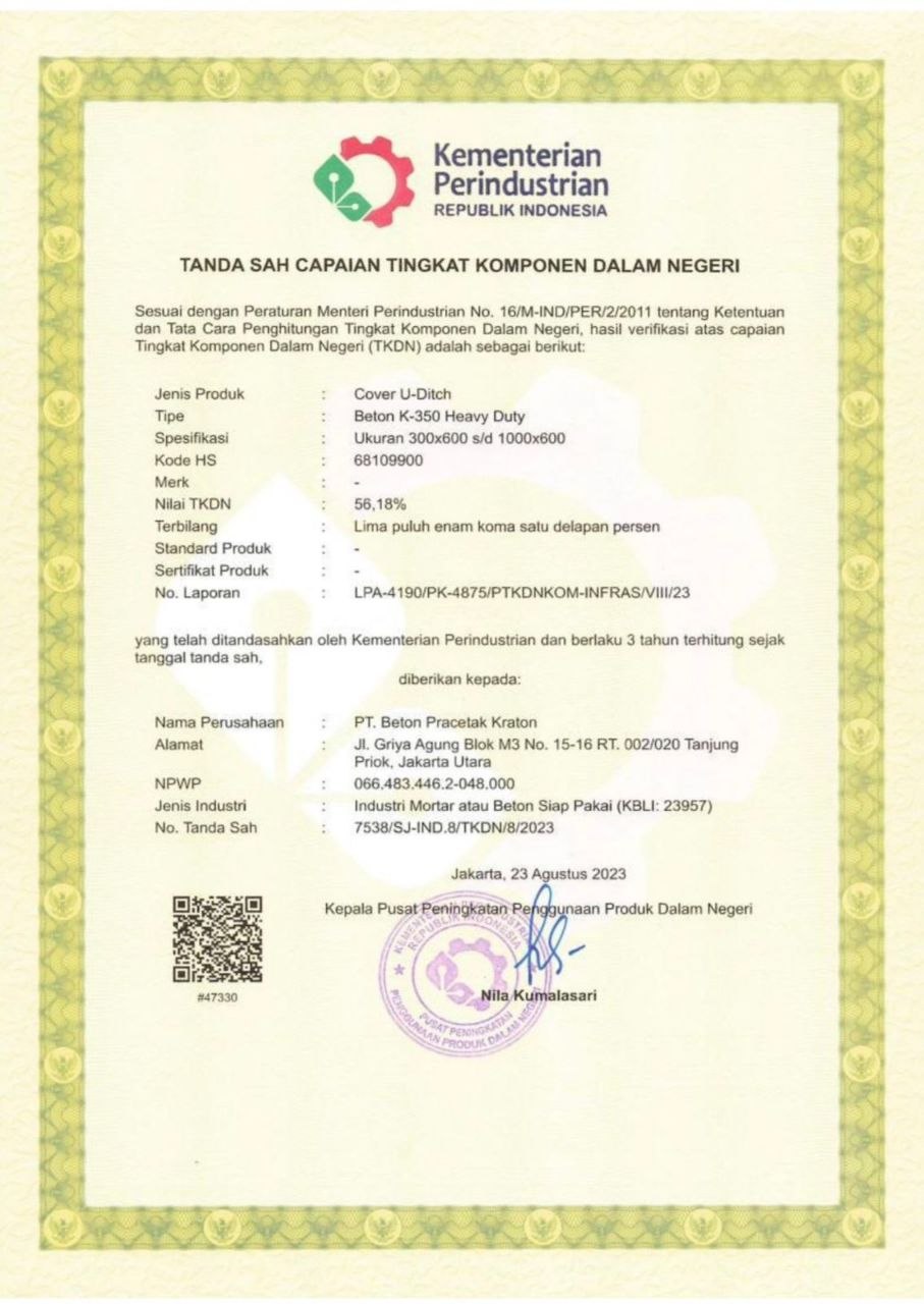 Sertifikat TKDN Cover U-Ditch — 56,18%