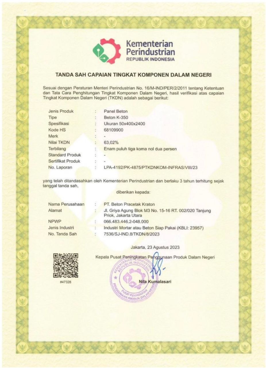 Sertifikat TKDN Panel Beton — 63,02%