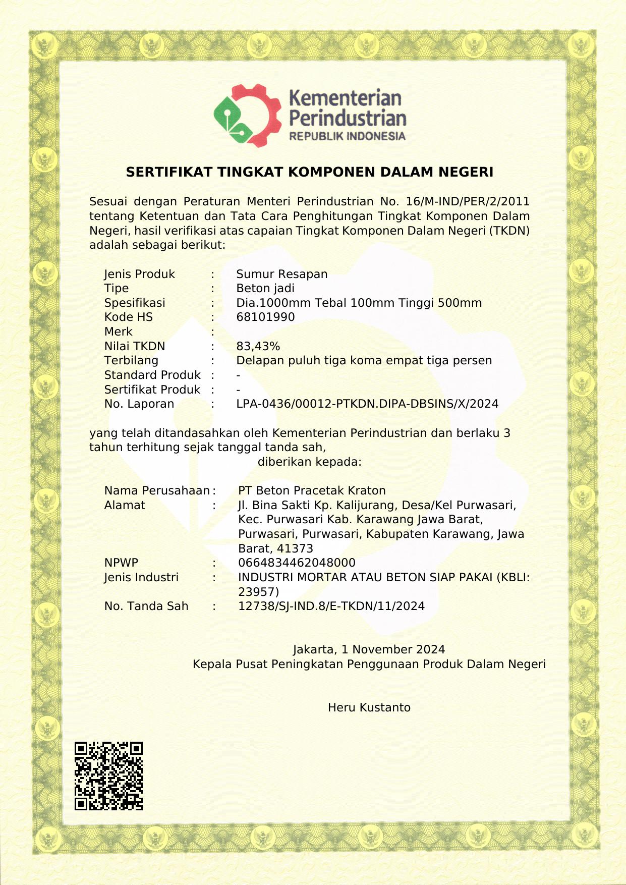 Sertifikat TKDN Sumur Resapan — 83,43%