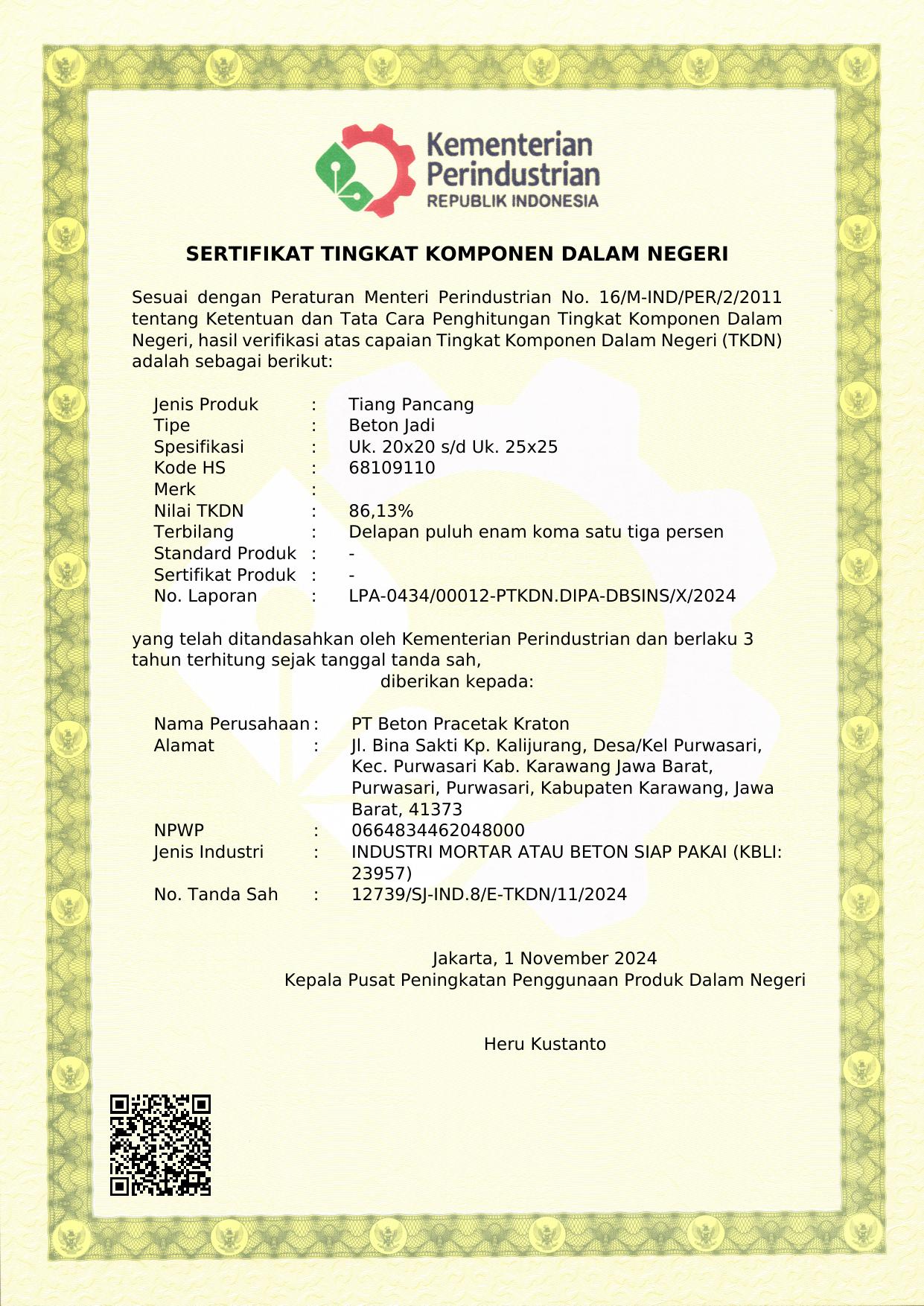 Sertifikat TKDN Tiang Pancang — 86,13%