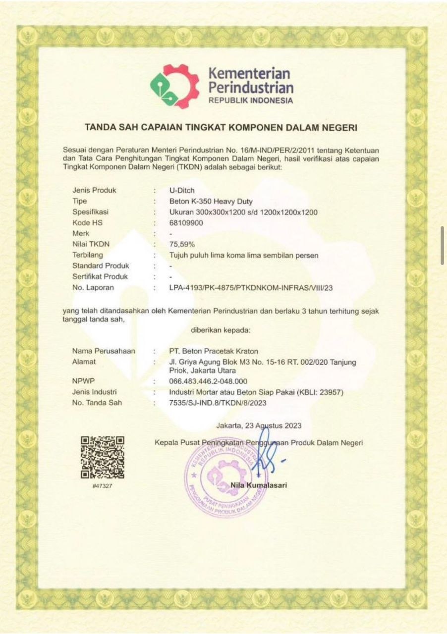Sertifikat TKDN U-Ditch — 75,59%